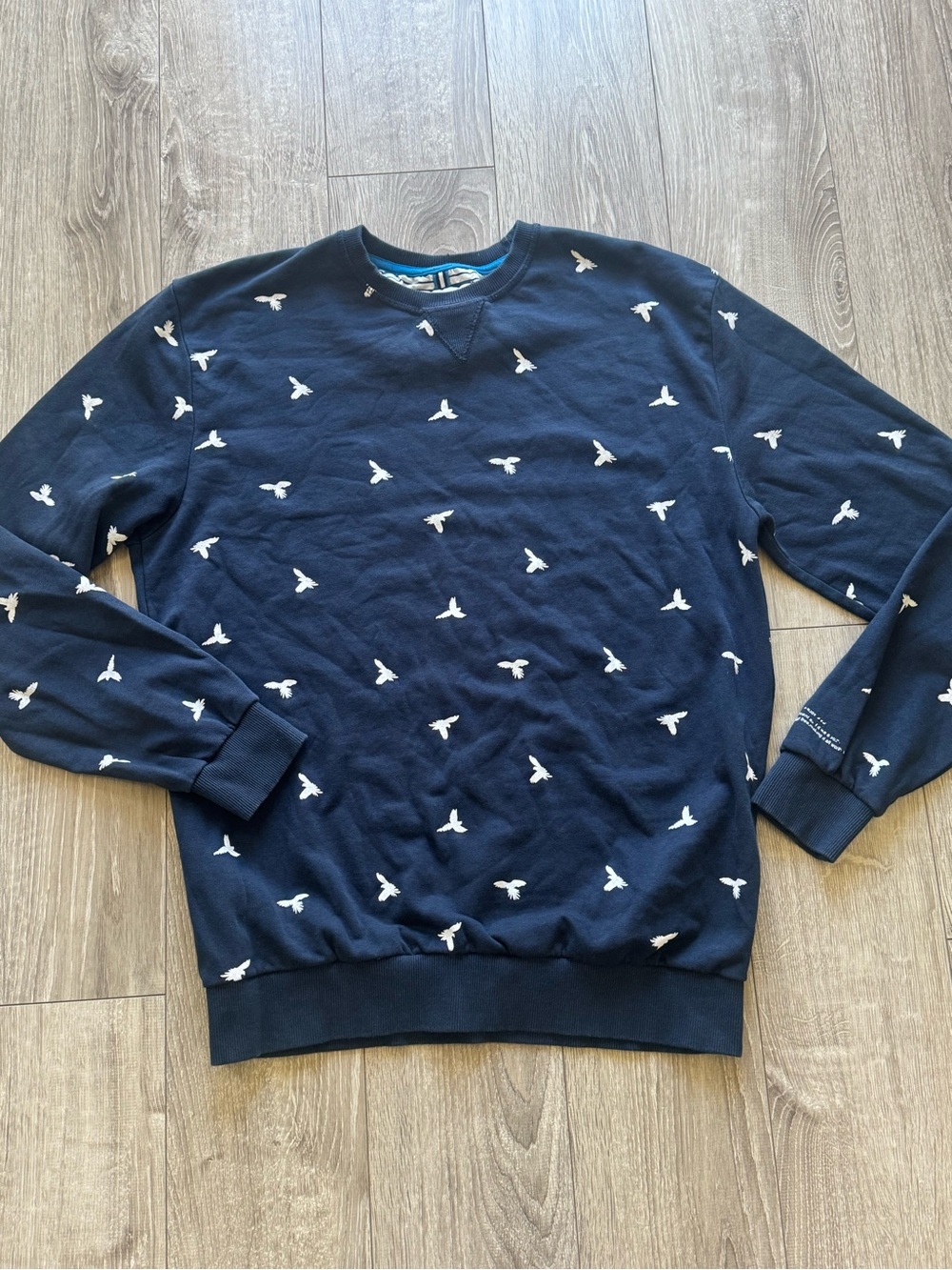 Denim & Flower Navy Crewneck Sweater with White Bird Print